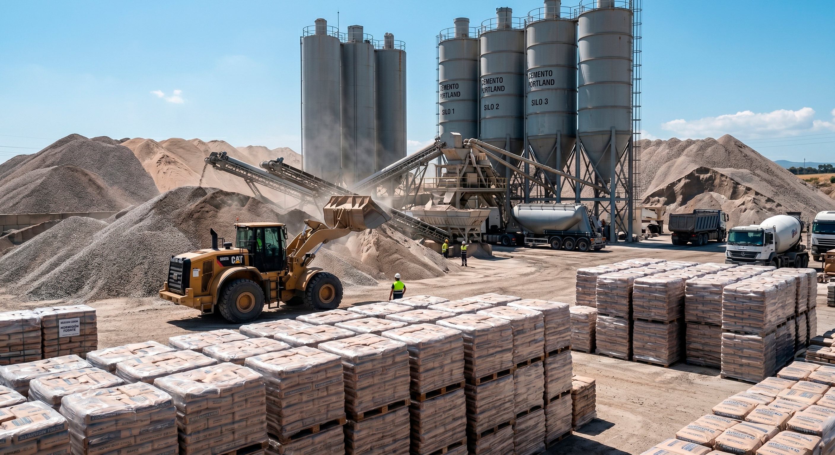 [Imagen de materiales de construcción y cemento en volumen]